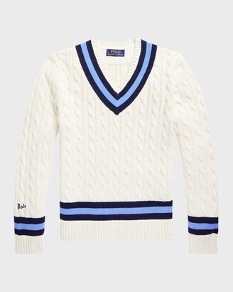 Ralph Lauren Kids Boy's Cable Knit Striped Trim Sweater, Size S-XL