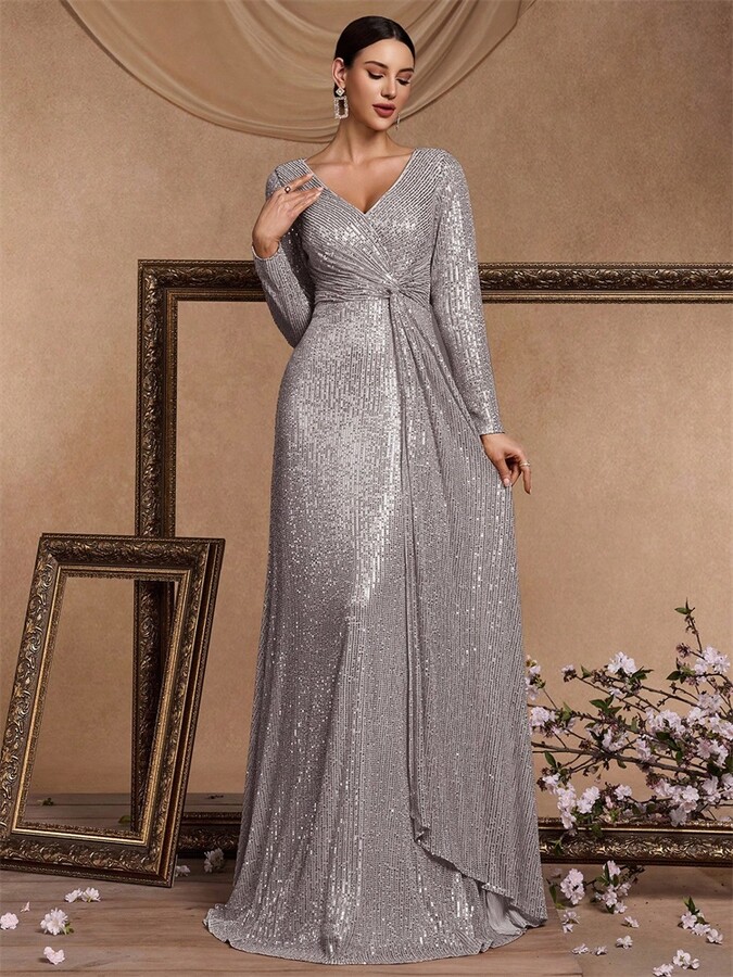 Lucy in love Luxury Floor Length V-Neck Evening Dress Women Elegant Party Maxi Dress Sequin Long Sleeves Prom Cocktail Dress Gowns