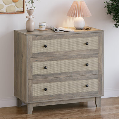 Bay Isle Home Ashari Rattan 3 Drawer Dresser Chest of DressersBoho Wood Modern Dresser Drawer Chest with Wood Handles