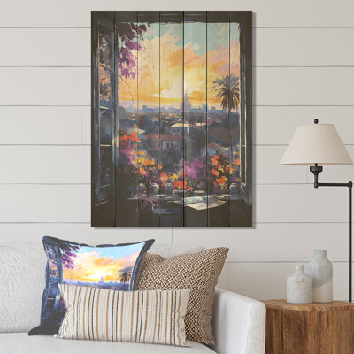 Winston Porter Los Angeles Window View III - Floral Window On Wood Print