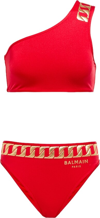 Balmain Logo printed one-shoulder bikini