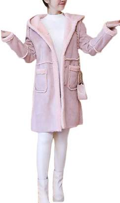 Smeiling-CA Women's Slim Sheepskin Suede Leather Cashmere Shearling Hoodie Long Coat XL
