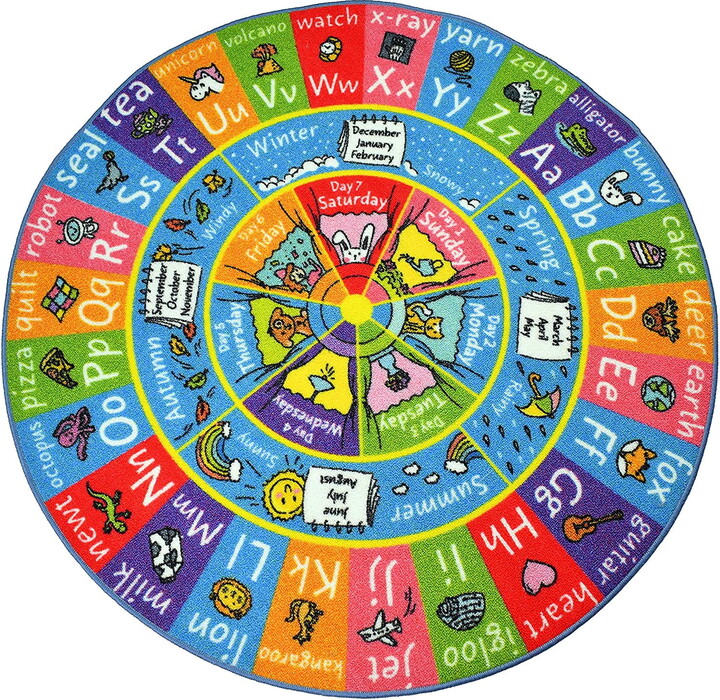 KC Cubs Playtime Collection ABC Alphabet, Seasons, Months and Days of The Week Educational Learning & Game Round Circle Area Rug Carpet for Kids and Children Bedrooms and Playroom