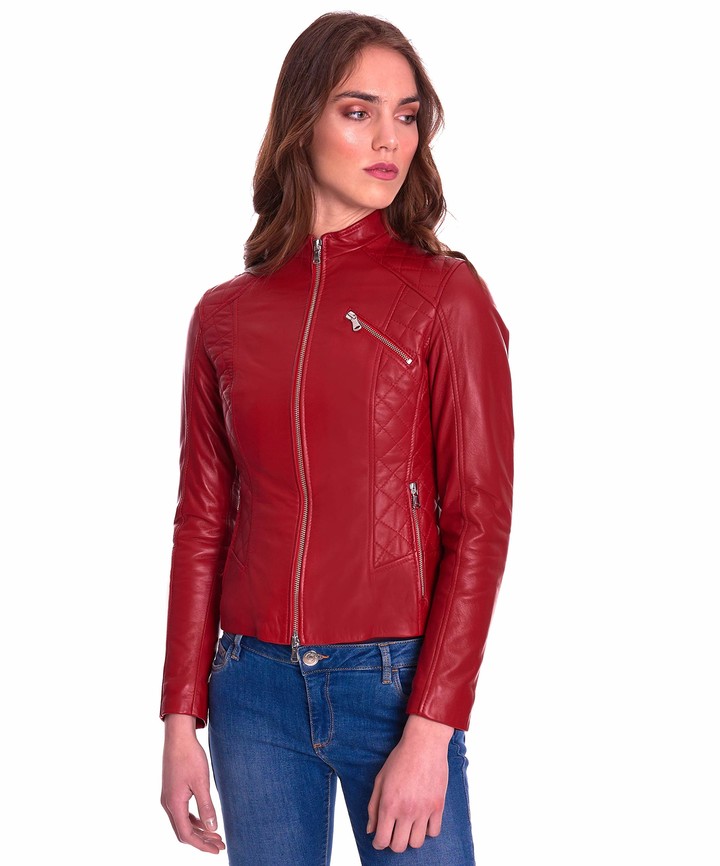 D'Arienzo Red Women Genuine Italian Leather Biker Quilted Jacket Made ...