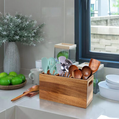 HAPPY LIFE Acacia Wood Utensil Holder With Spoon Rest - Rustic Kitchen Counter Organizer For Spatulas Spoons And Cutlery Storage