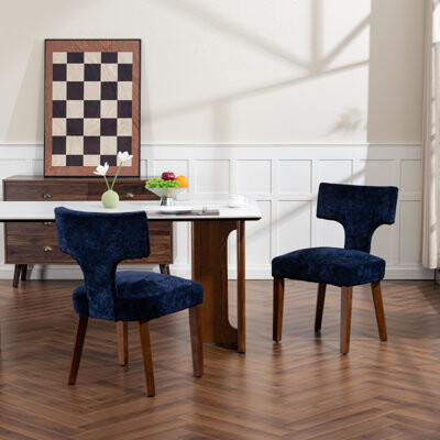 Red Barrel Studio Mid Century Modern Dining Chairs Set Of 2, Farmhouse Linen Fabric Upholstered Accent Chair,Kitchen Chairs With Hardwood Frame, Blue Color
