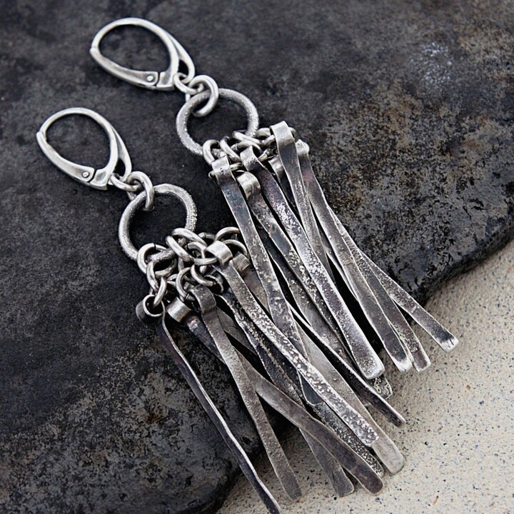Etsy Oxidized Sterling Silver 2 3/4 in Long Fringe Bar Earrings - Forged Brushed