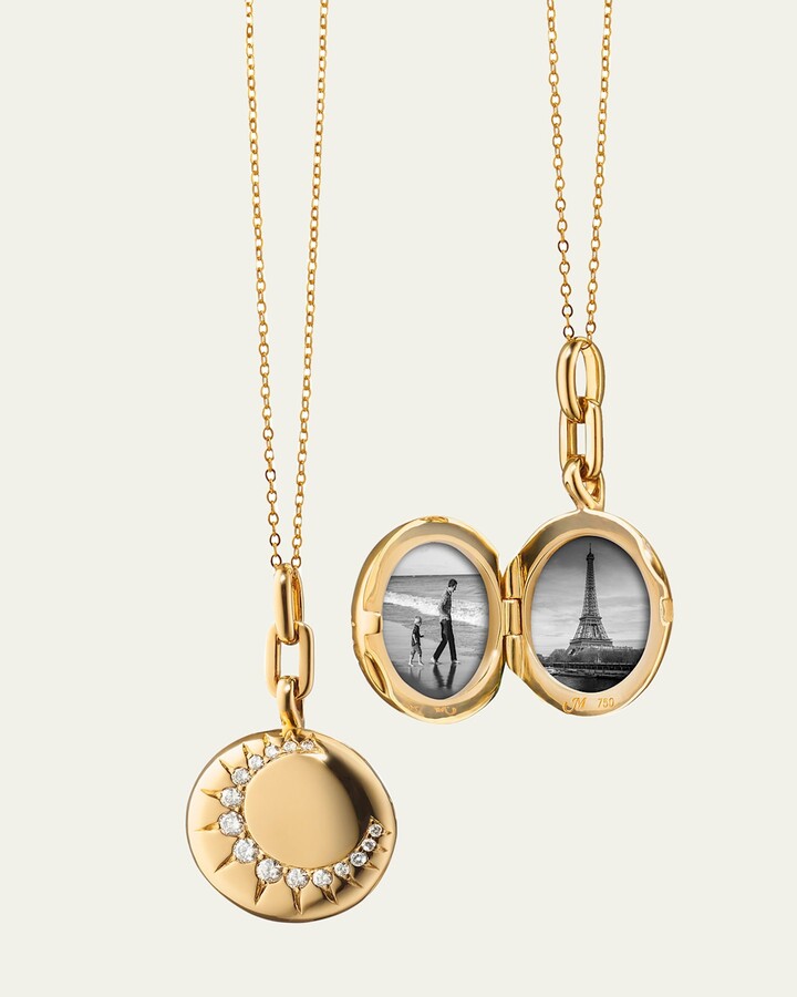 Monica Rich Kosann 18K Gold Round Sun Locket with Diamonds on a 17" Delicate Belcher Chain