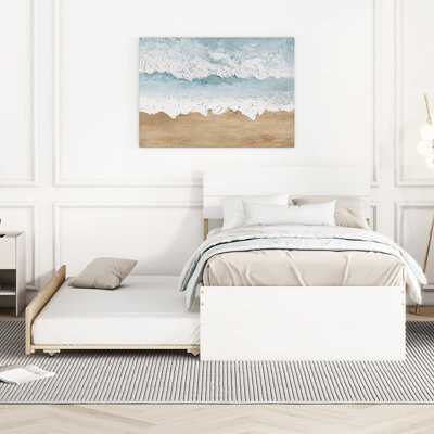 Lark Manor Bed With Twin Trundle And 2 Practical Organizing Drawers In Luxurious High Gloss Modern Frame Glossy Finish. Build. Contemporary Aesthetic. Space Func