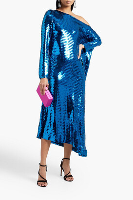 Roland Mouret Castro off-the-shoulder draped sequined tulle midi dress