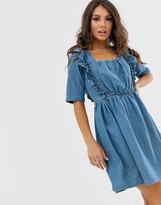 Thumbnail for your product : ASOS DESIGN denim square neck frill smock dress in blue