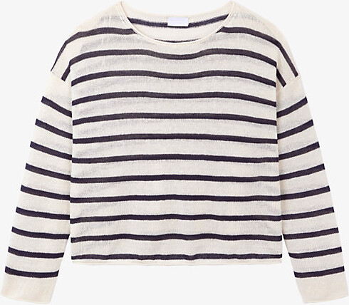 The White Company Womens Soft White Slash-Neck Stripe-Print Linen Jumper S