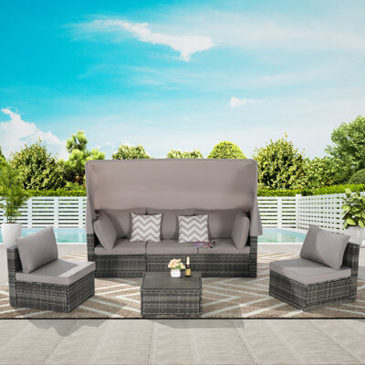 5 Pieces Outdoor Patio Wicker Daybed Furniture Set with Retractable Canopy