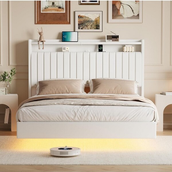 SunnyFurn BedframefloatingbedframehighheadboardPUleatherupholsteryplatformbedframenomattressrequiredeasyinstallation.