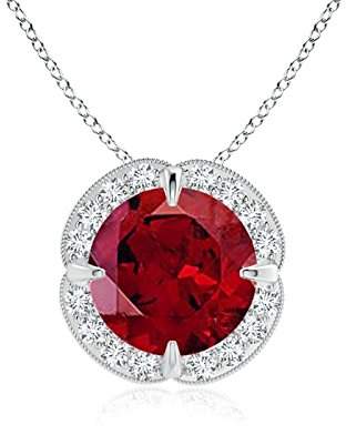 Angara.com Claw Garnet and Diamond Halo Clover Pendant Necklace With Milgrain Detailing in 14K Rose Gold (7mm Garnet)