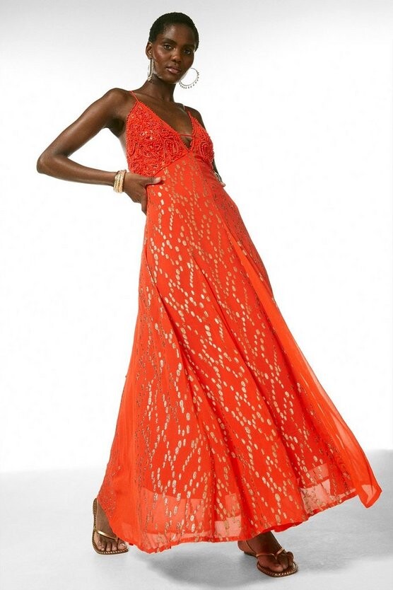 red flowy dress with sleeves