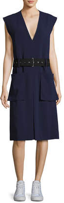 Public School Tamir V-Neck Belted Crepe Dress, Dark Blue