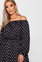 Thumbnail for your product : boohoo Plus Spotty Ruffle Off Shoulder Maxi Dress