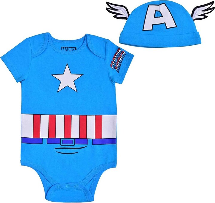 Children's Apparel Network Captain America Baby Boys and Girls Blue Bodysuit and Hat Set