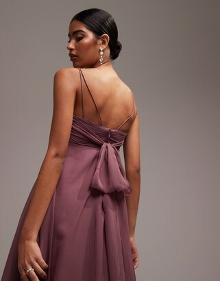 ASOS DESIGN Bridesmaid cami maxi dress with ruched bodice and tie waist in dusty mauve