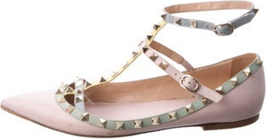 Valentino Leather Ballet Flats Pink Rockstud Accents Pointed-Toes with Studded Accents Multistrap & Buckle Closure at Sides Designer