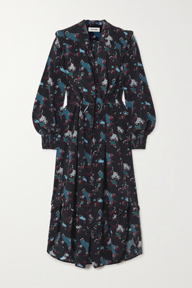 Cefinn Stella Ruffled Printed Silk Crepe De Chine Midi Dress - Navy