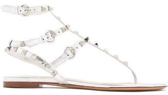 Valentino Rockstud Flat Leather Sandals - Womens - Silver