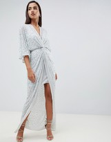 Thumbnail for your product : ASOS DESIGN scatter sequin knot front kimono maxi dress