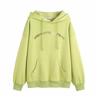 Langfengeu Women Autumn Winter Hoodie Warm Plush Letter Printing Loose Fit Tops Soft Solid Color Long Sleeve Fashion Shirt Yellow