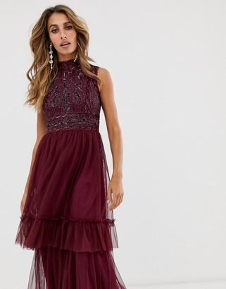 Frock and Frill high neck highly embellished sleeveless midi dress