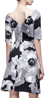Lela Rose Half-Sleeve Oversize-Floral Dress, Silver