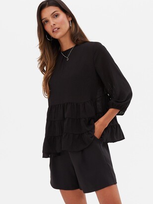 New Look Black Check Puff Sleeve Tiered Peplum Blouse