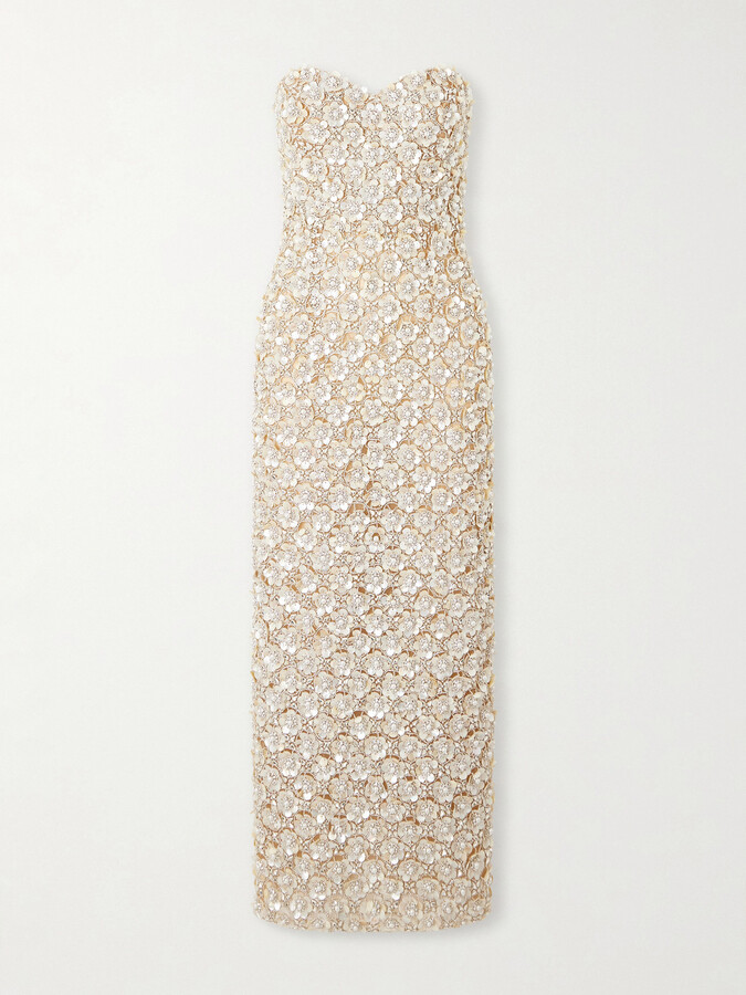 Oscar de la Renta Embellished Tulle Bustier Gown - Silver