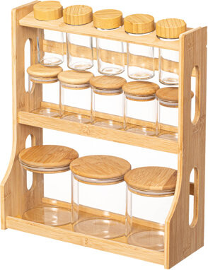 Basicwise Versatile 3-tier Bamboo Spice Rack And Pantry Organizer With 13 Glass Jars – Perfect For Countertop Storage In Kitchens To Keep Seasoning C