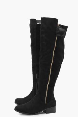 boohoo Wide Fit Pom Trim Over Knee Boots