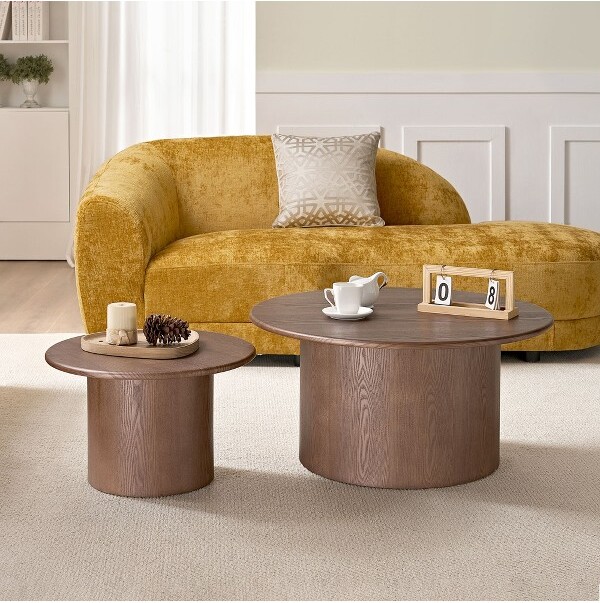 LOVSONCoffeeTableSetof2,MDFRoundCoffeeTableforLivingRoom,Apartment,LeisureAreaWalnut