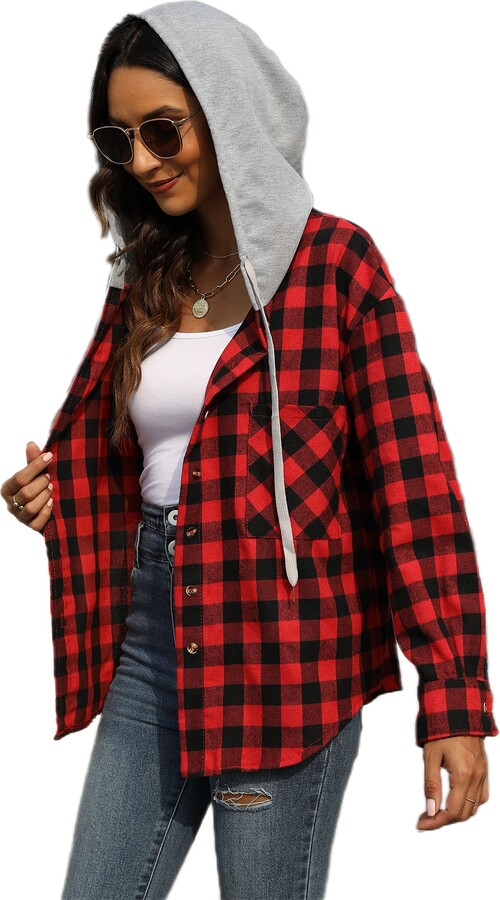 fartey Womens Long Sleeve Plaid Shirts Button Up Open Front Coats Fall Flannel Hoodies with Drawstring 