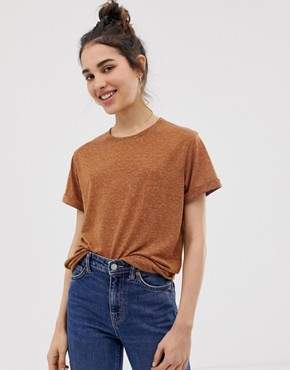 ASOS Design DESIGN t-shirt with roll sleeve in linen mix in brown