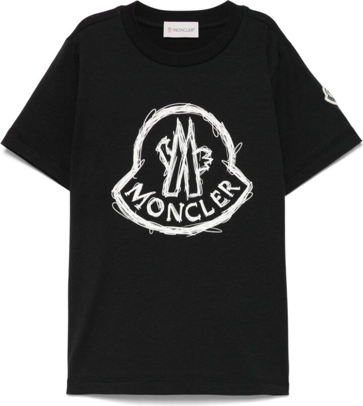 Moncler Black T-shirt With Round Neck, Logo On The Front, And Logo Patch On The Sleeve In Cotton Boy