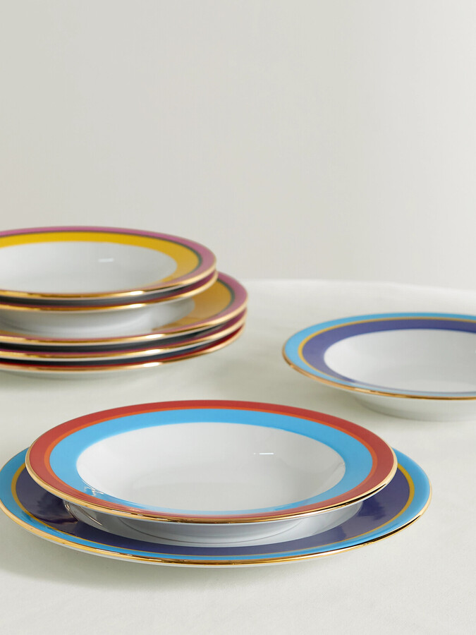 La DoubleJ Set Of Four Gold-plated Porcelain Soup Bowls And Dinner Plates - White