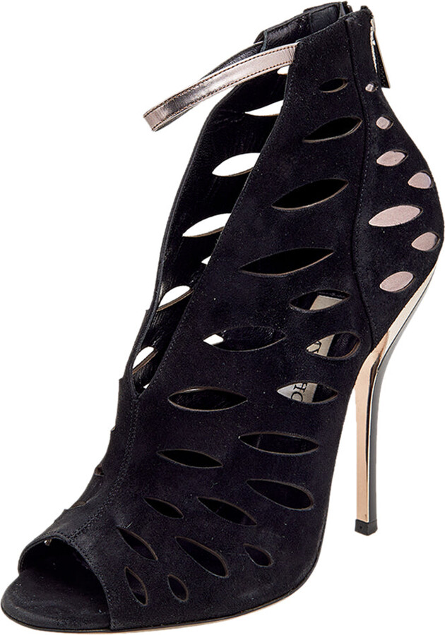 Jimmy Choo Black/grey Suede And Leather Drift Cutout Peep Toe Booties