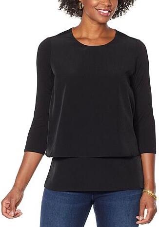 DG2 by Diane Gilman Double Layer Mixed Media 3/4-Sleeve Easy Tee - White - Size X-Small