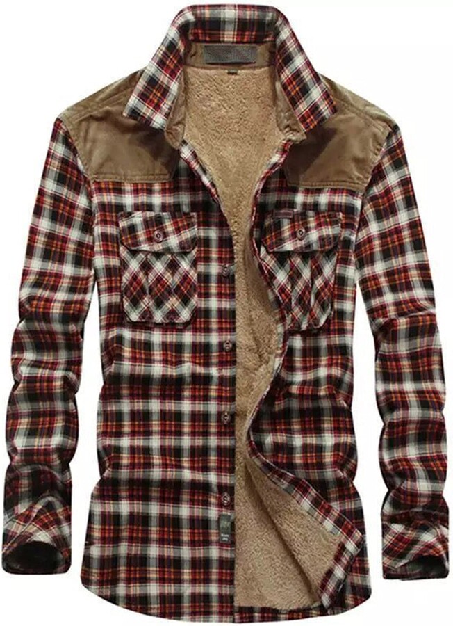 gfdrt Mens Sherpa Fur Lined Long Sleeve Plaid Flannel Fur Lined Button ...