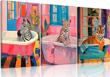 Dakota Fields Framed Funky Bathroom Animal Wall Art Set Of 3, Tiger Leopard Zebra In Bathtub Pictures Wall Decor, Pink Kitsch Aesthetic Animal Eclectic Posters Prin