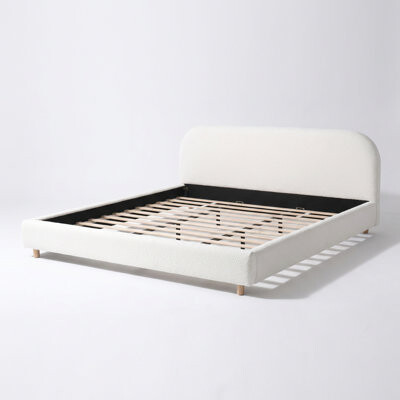 King Size Platform Bed with Curved Boucle Fabric Headboard, Upholstered Frame with Metal Support and Wood Slats