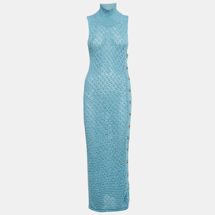 Rotate by Birger Christensen Blue Patterned Knit High Neck Tessa Midi Dress M