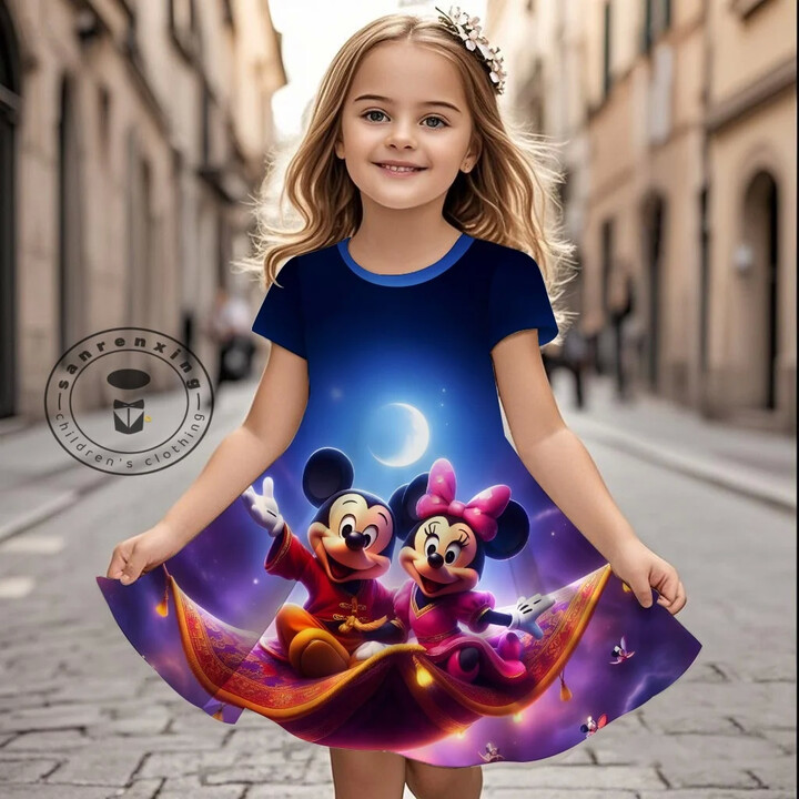 MINISO Girl Dress Disney Summer 2025 Mickey Mouse Mini Short Sleeve Dress Princess 3D Printed Cute Children & apos;s Clothing Party Top