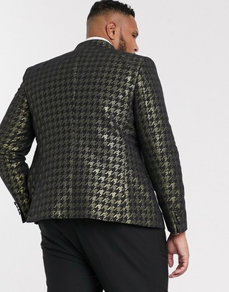 ASOS DESIGN Plus skinny double breasted blazer with houndstooth in gold