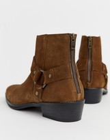 Thumbnail for your product : ASOS DESIGN DESIGN cuban heel western chelsea boots in tan suede with buckle detail