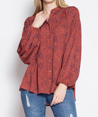 Blu Heaven Rust Abstract Bishop's Sleeve Button-Up Top